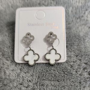 Stainless Steel White Clover Drop Earrings